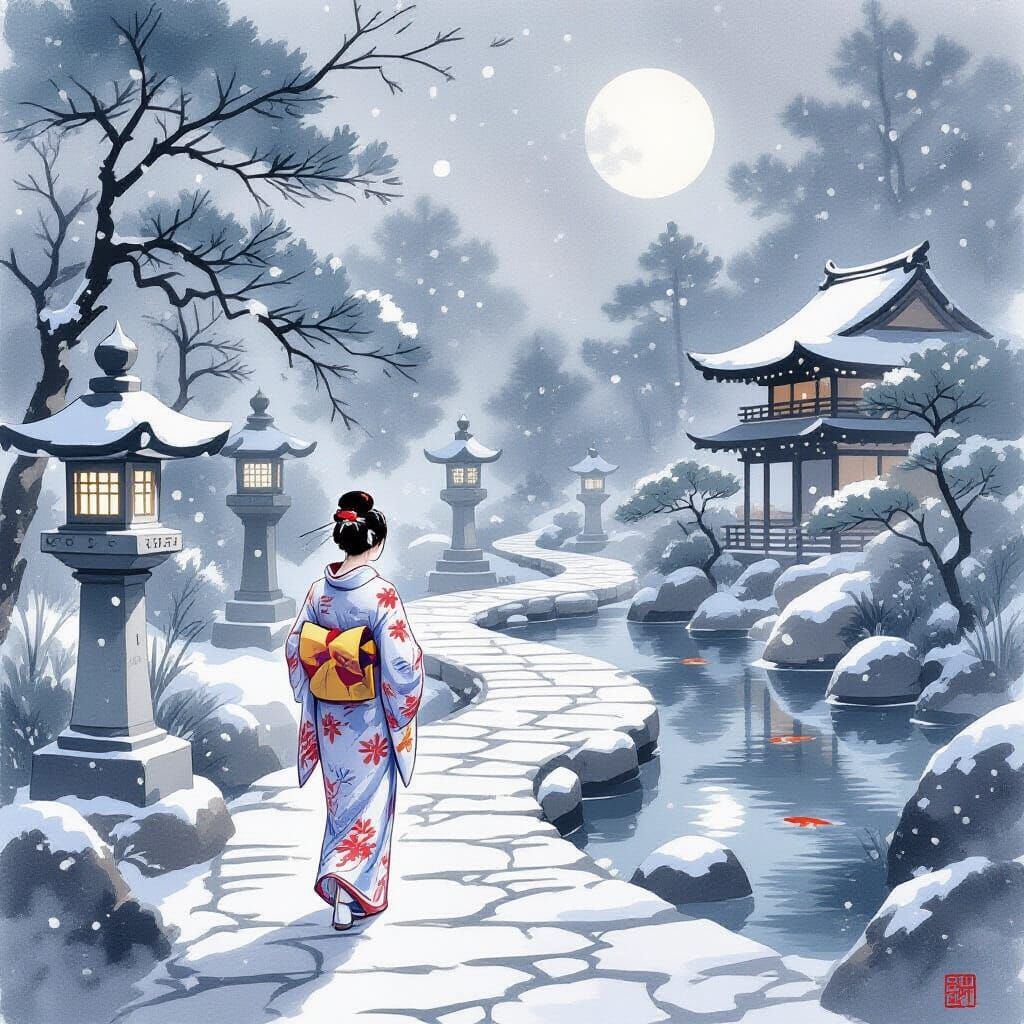 A serene Japanese garden during a gentle snowfall, with ancient stone lanterns dusted in white and a ...  by @NganKhim Lim