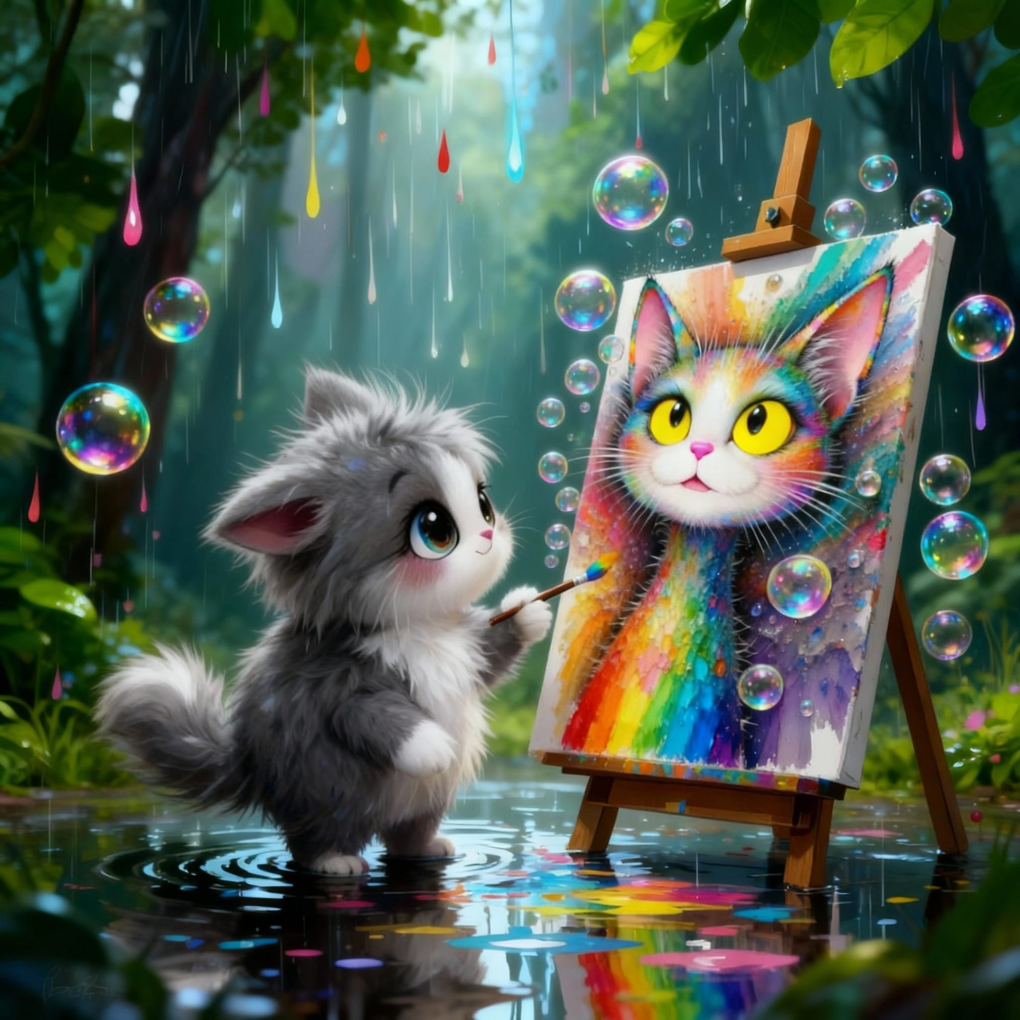 <lora:Fairy Lights:1.0> <lora:Flux - Painterly:1.0> Grey and white kitten painting self portrait in a fantasy setting ethereal fantasy hyper...