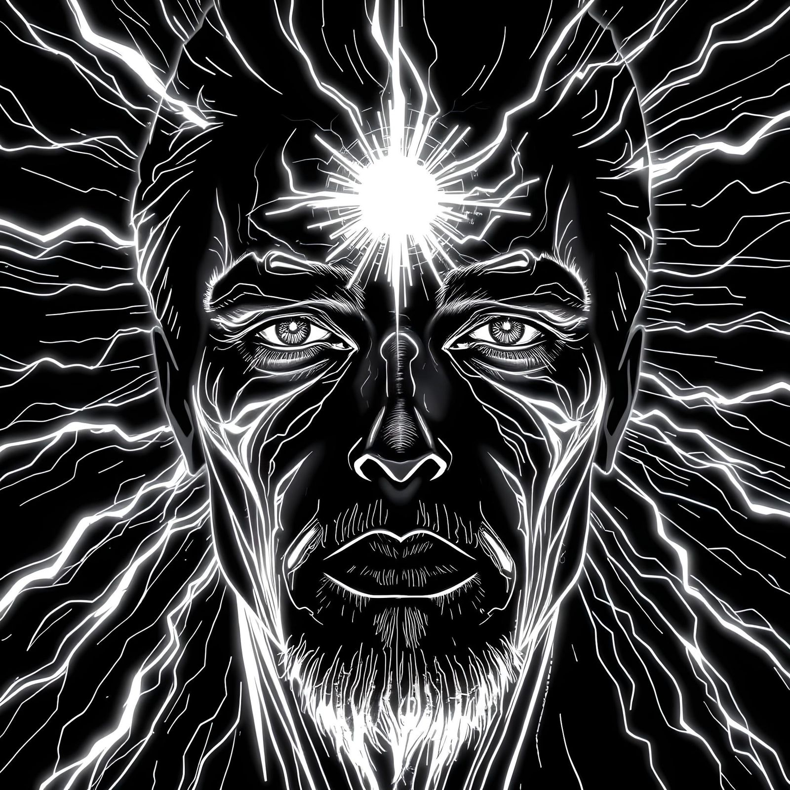 Stunning Vision, black glowing white line art, detailed