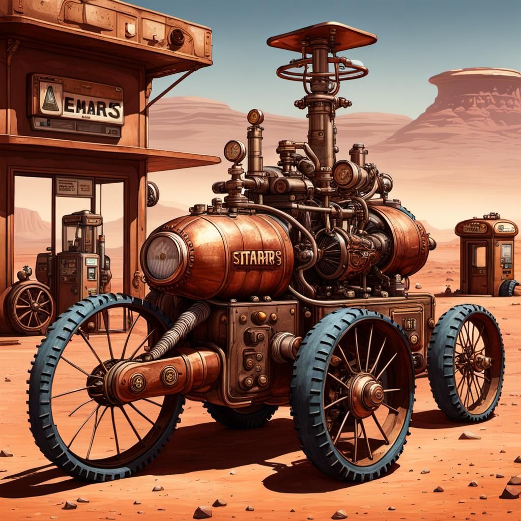 Gas station on Mars with a three wheel motor cycle at the pu...
