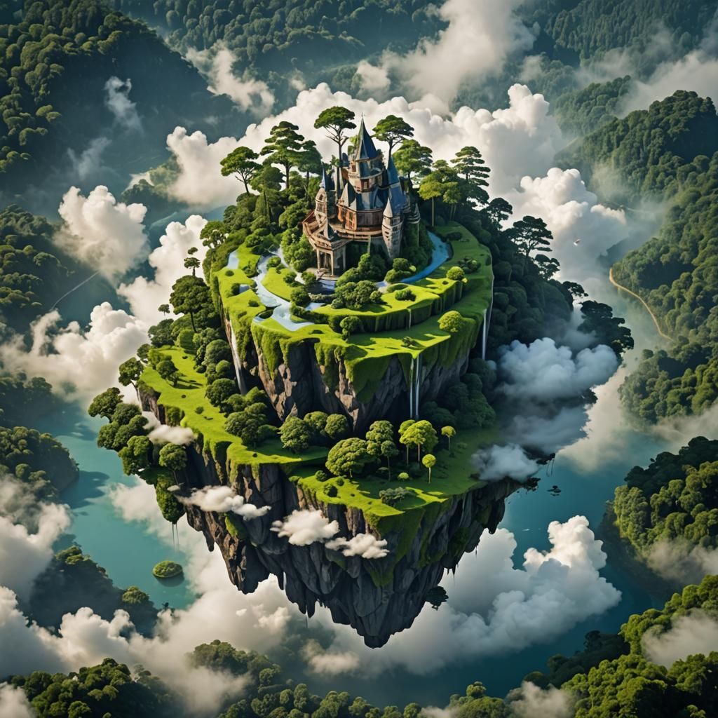 floating island on a 
cloud with forests on it