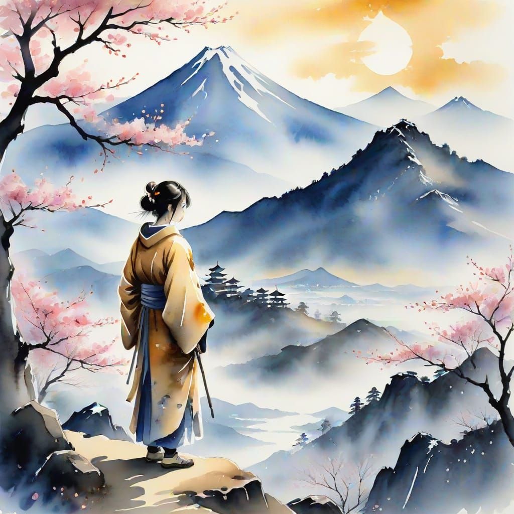 Japanese Watercolor of Robed Figure with Blossoms
