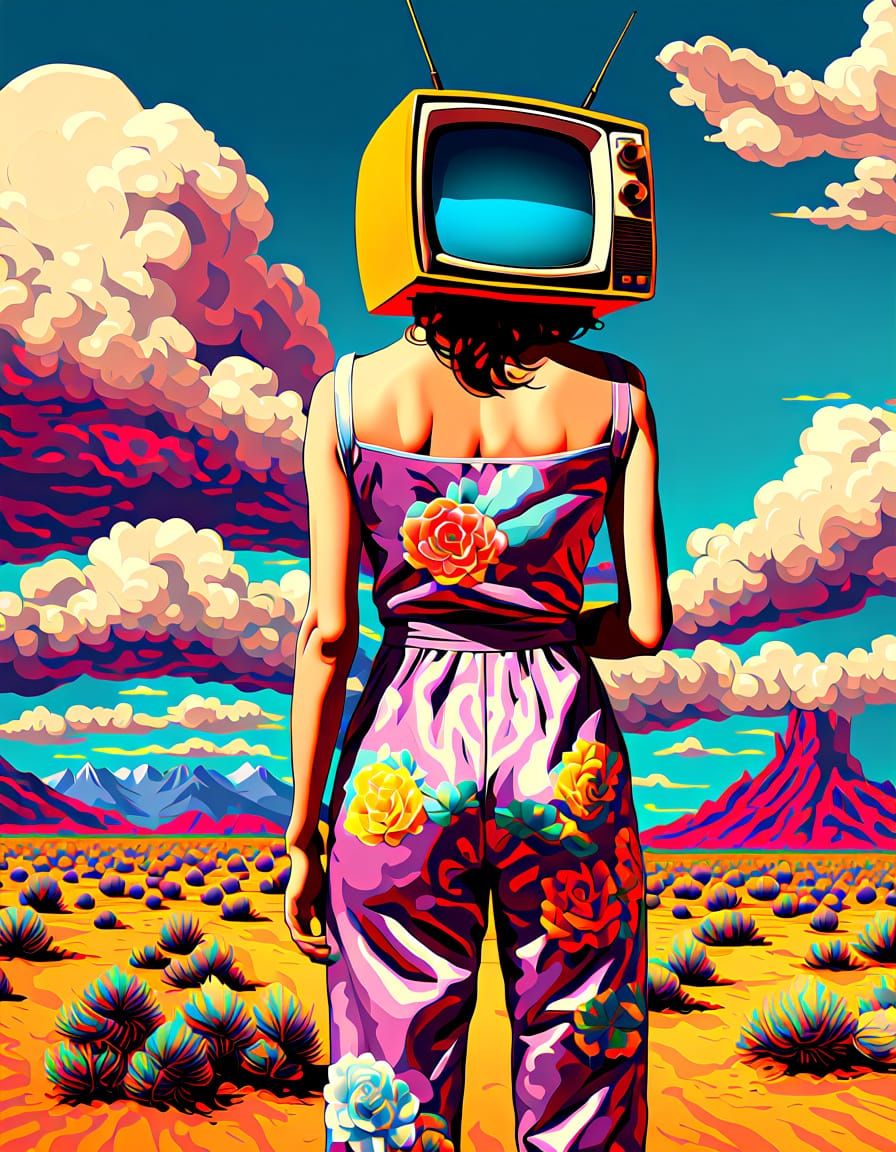 Pop Art Woman With TV Head in Desert Landscape