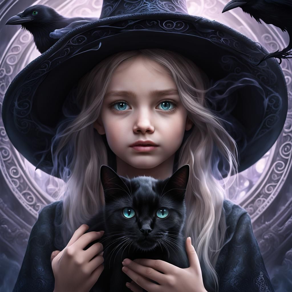 The little girl is wearing a witch hat. 