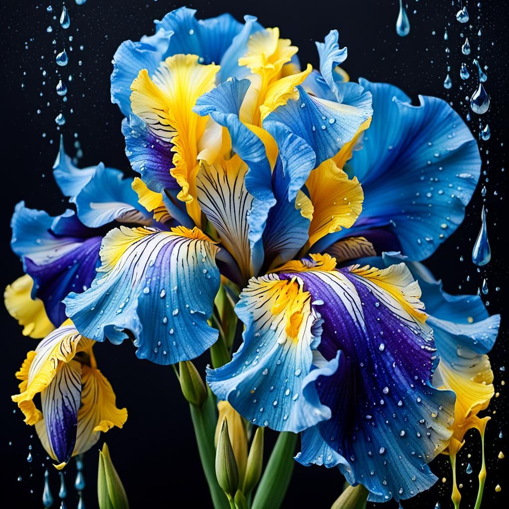 iris flower, blue, white, yellow color, paint splashes, beautiful, water droplets on the petals, dark ...  by @GRAZYNA-BARBARA