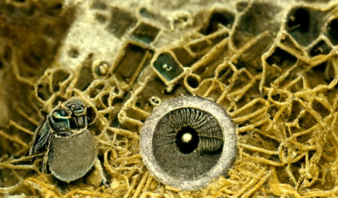 microchip image from electron microscope. in the center fly ...