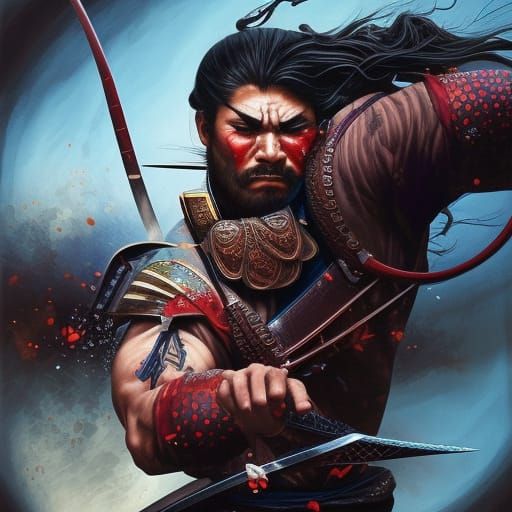 samurai pulling out his blade coverd in bloodHyperrealistic, splash art ...