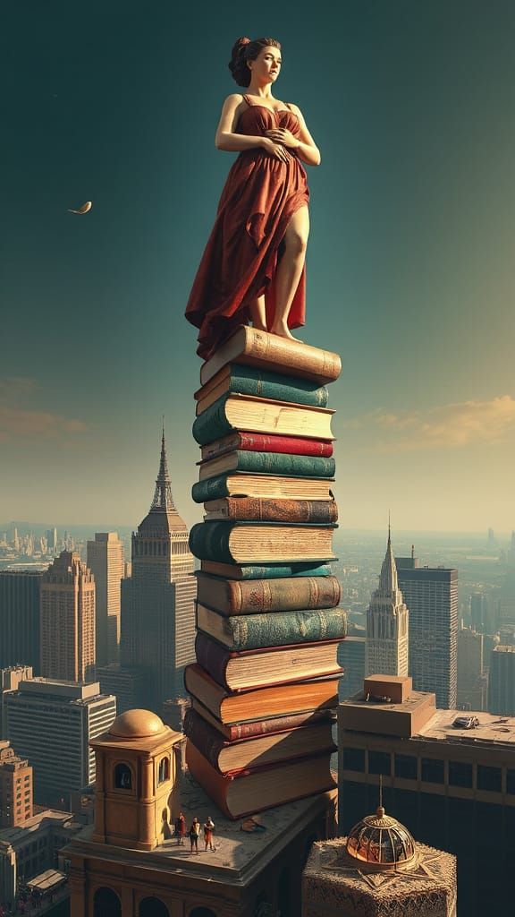 Towering stack of vintage books forms a whimsical skyscraper