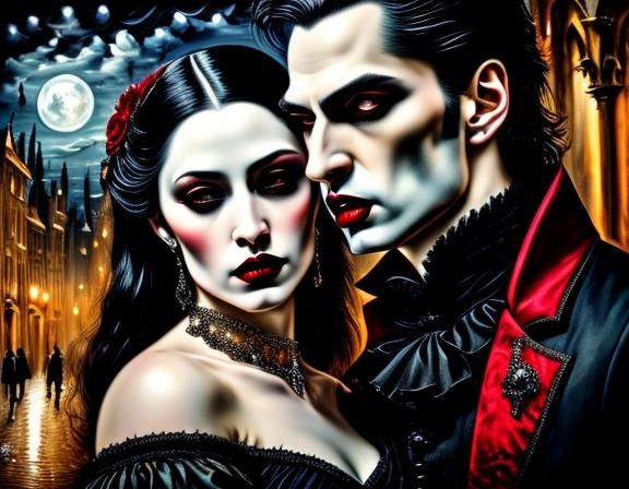 <lora:Dark gothic vampires:1.0> Insanely detailed oil painting close Up portrait of a (beautiful:1.4), gothic vampire couple in the street,...