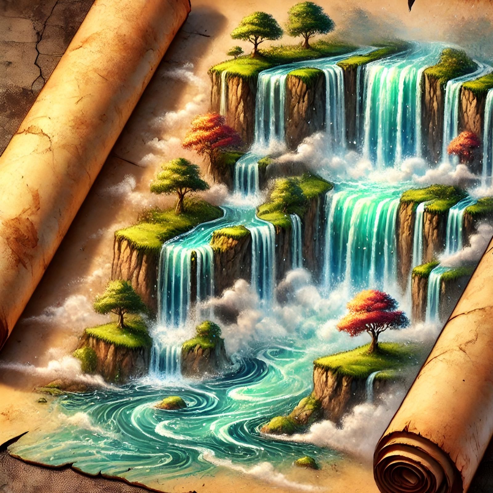 Waterfalls from scroll parchment