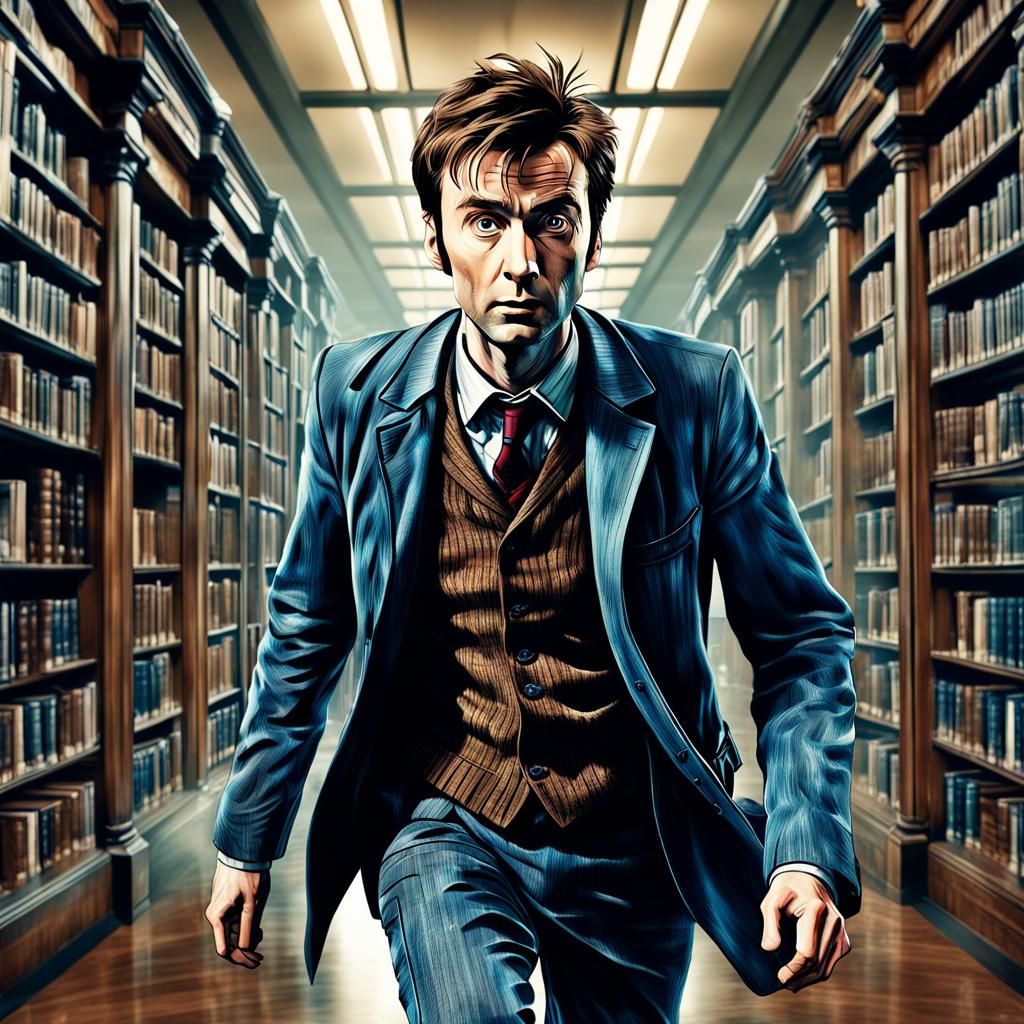 The Tenth Doctor from Doctor Who show running in a library  by @G