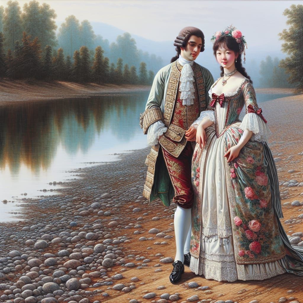 oil Portrait of a woman  and a man in rococo costume on the shore of a lake standing on the ground not the water 