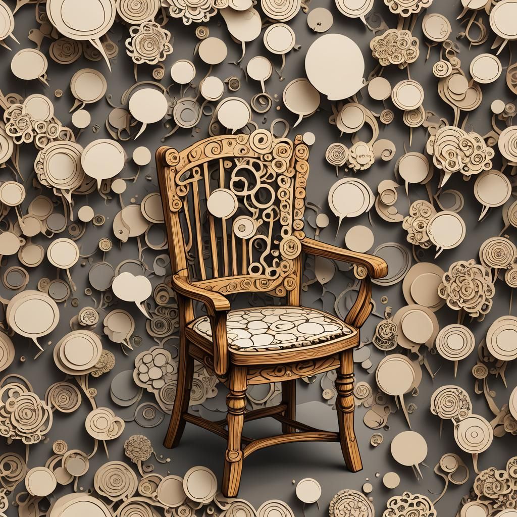 A simple wooden chair with thought bubbles popping out, each...