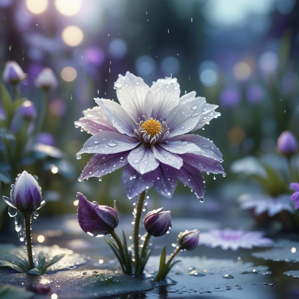 Macro Shot of a Wet White and Purple Flower
