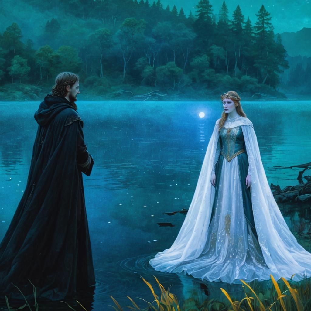 Lady of the Lake bestows Excalibur young King Arthur. Lady e...