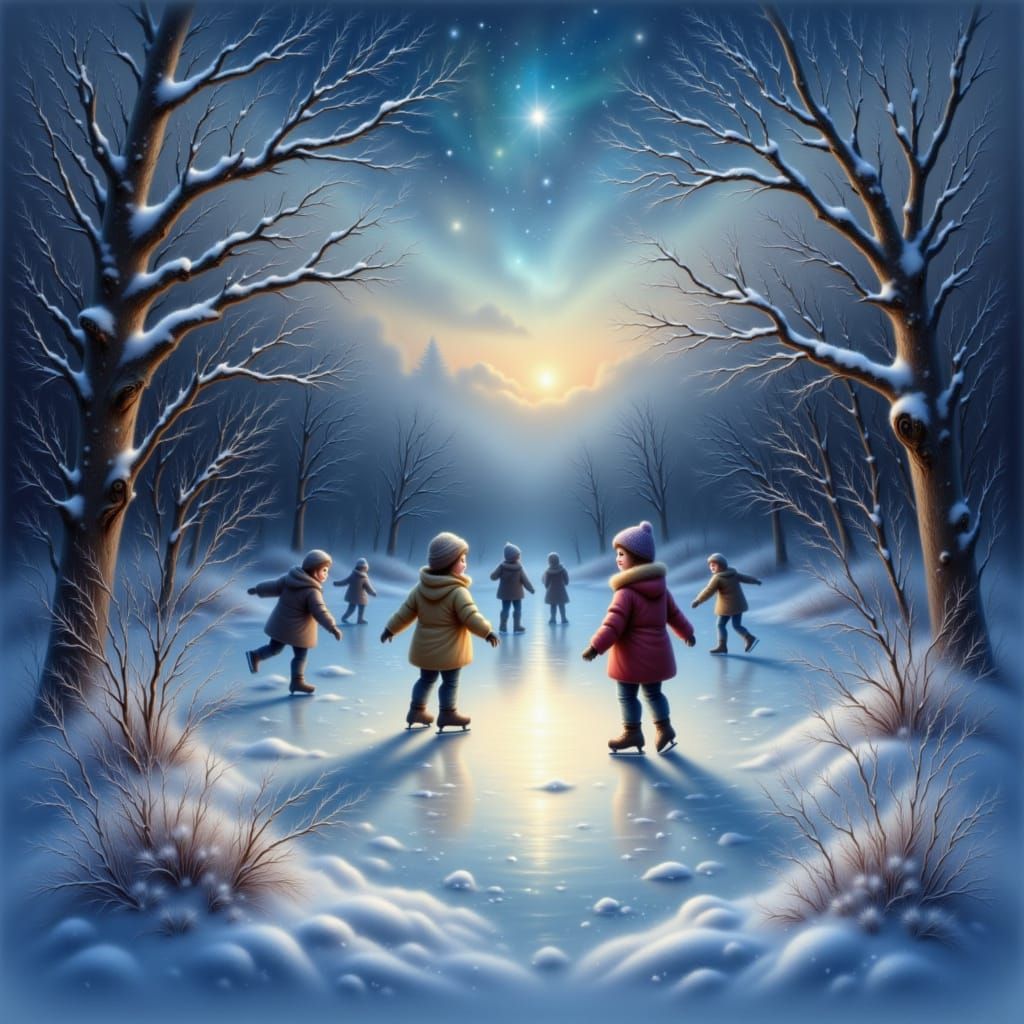 <lora:Christmas Glow 1-02:1.0> Children ice skating on a frozen pond under lamplight