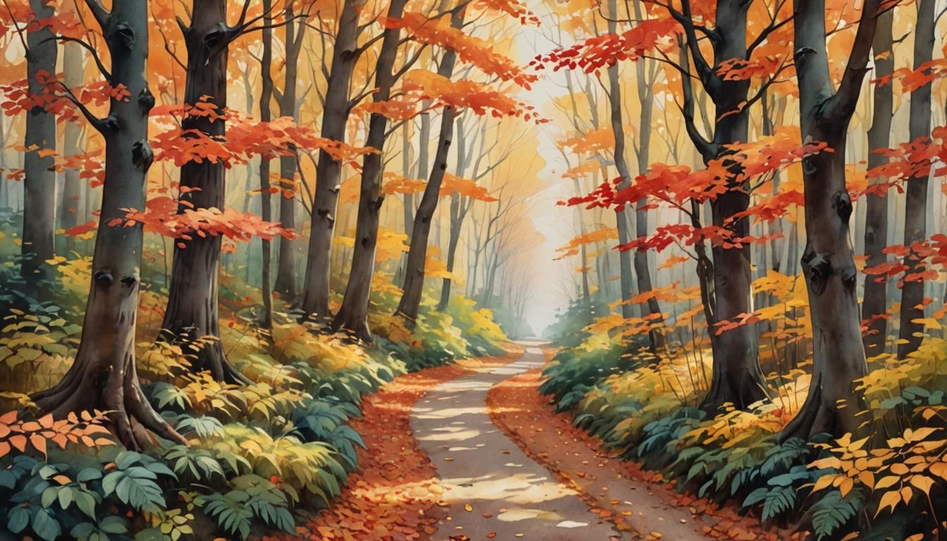 Forest Path: A vibrant depiction of a secluded forest path b...