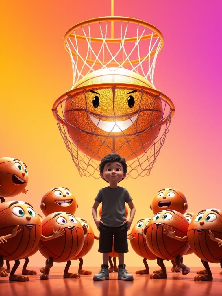 A group of anthropomorphic basketballs