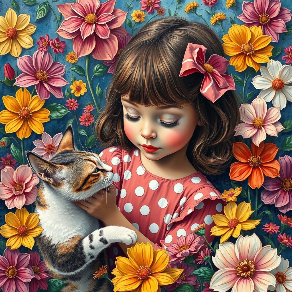 Edward Hopper's "Table for Ladies" Polka dot kaleidoscope Girl interacting with cat Colorful flowers ...  by @HIKER