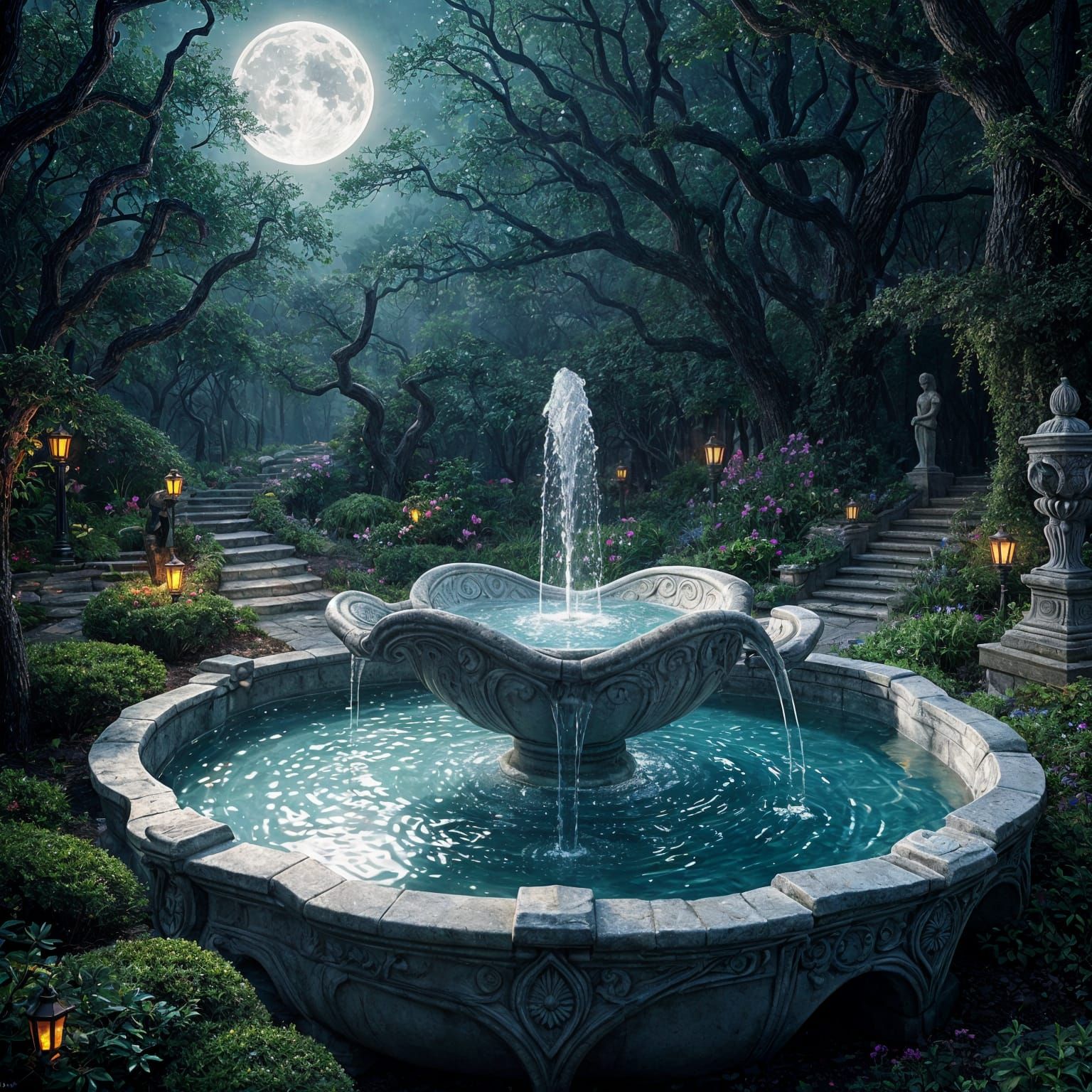 Fountain in the Moon Garden
Location: The Secret Garden at night.
What it looks like: An elegant marble ...  by @Likra