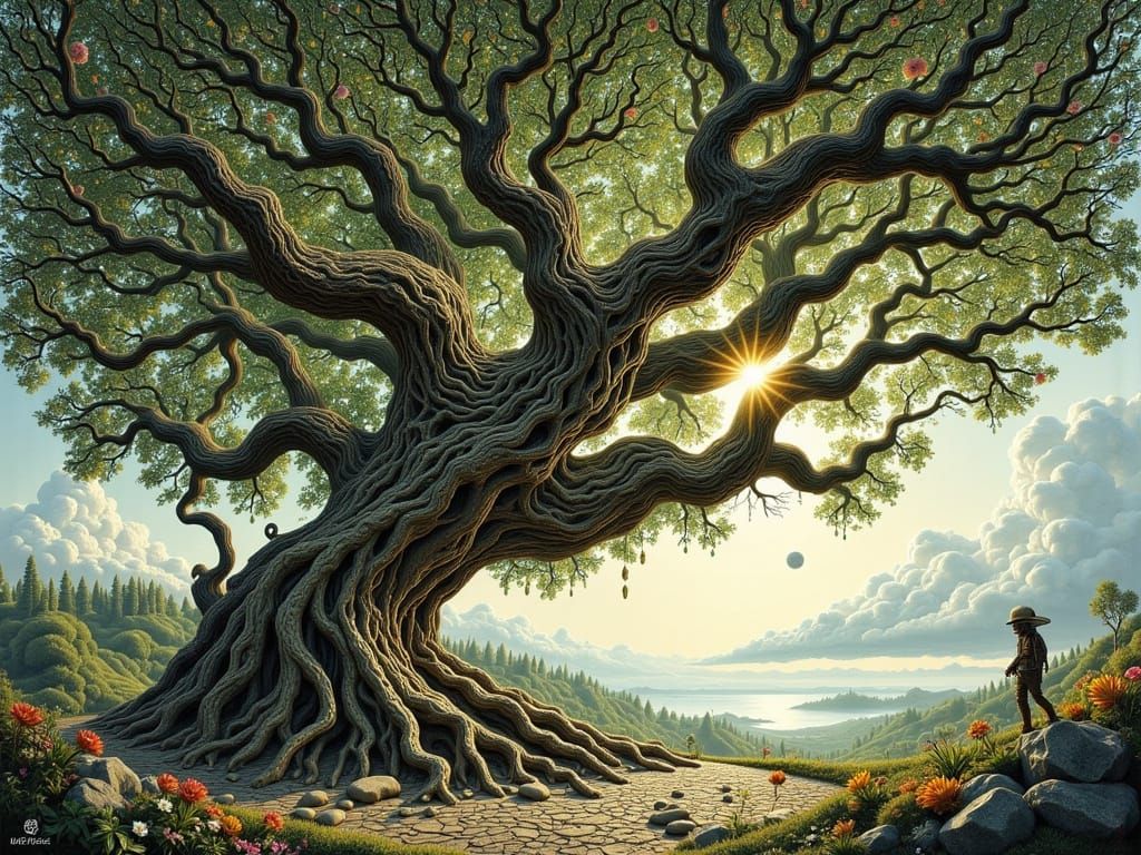 <lora:Mustra:1.0> <lora:Les:1.0> <lora:Moony:1.0> <lora:Shvara:1.0> A serene portrait of a wise old tree, its gnarled br...