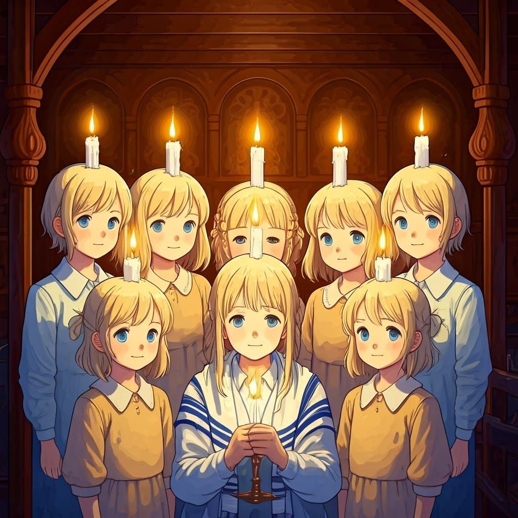 Blond Litvak Children Gather Around Father for Hanukkah