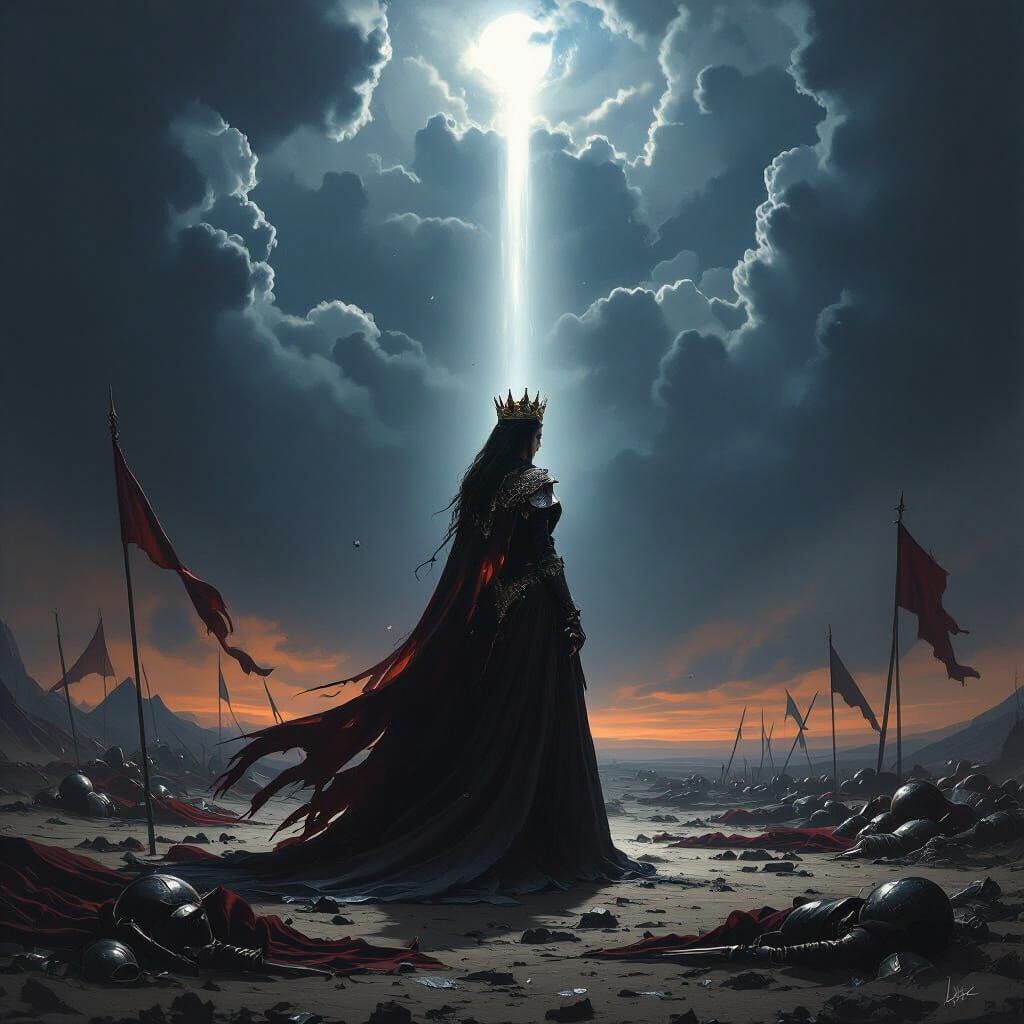 A solitary queen stands on a windswept, desolate battlefield, her regal attire torn and stained. The sky above is a turbulent canvas of dark...