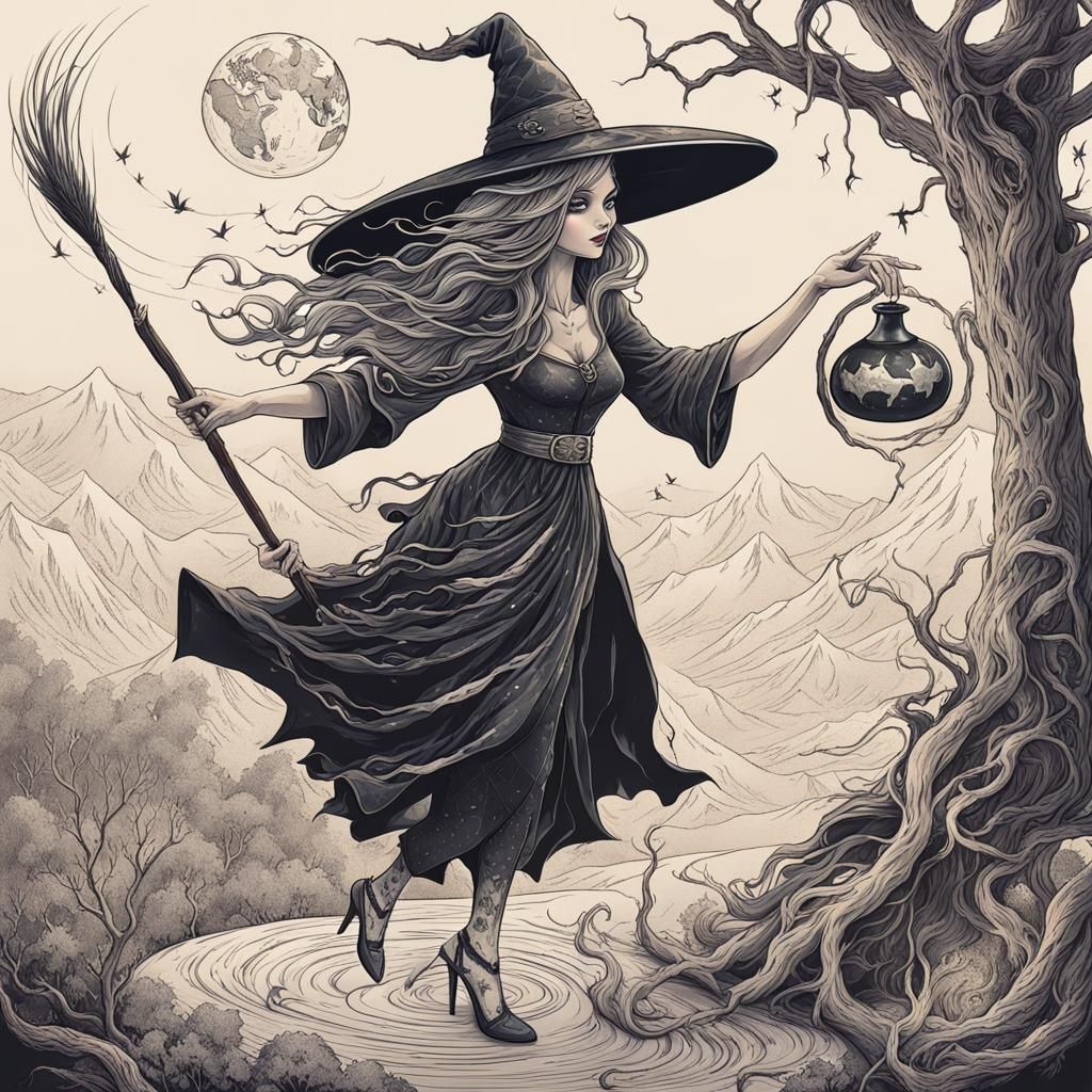 Beautiful witch casting a spell and creating the world. Fantasy.