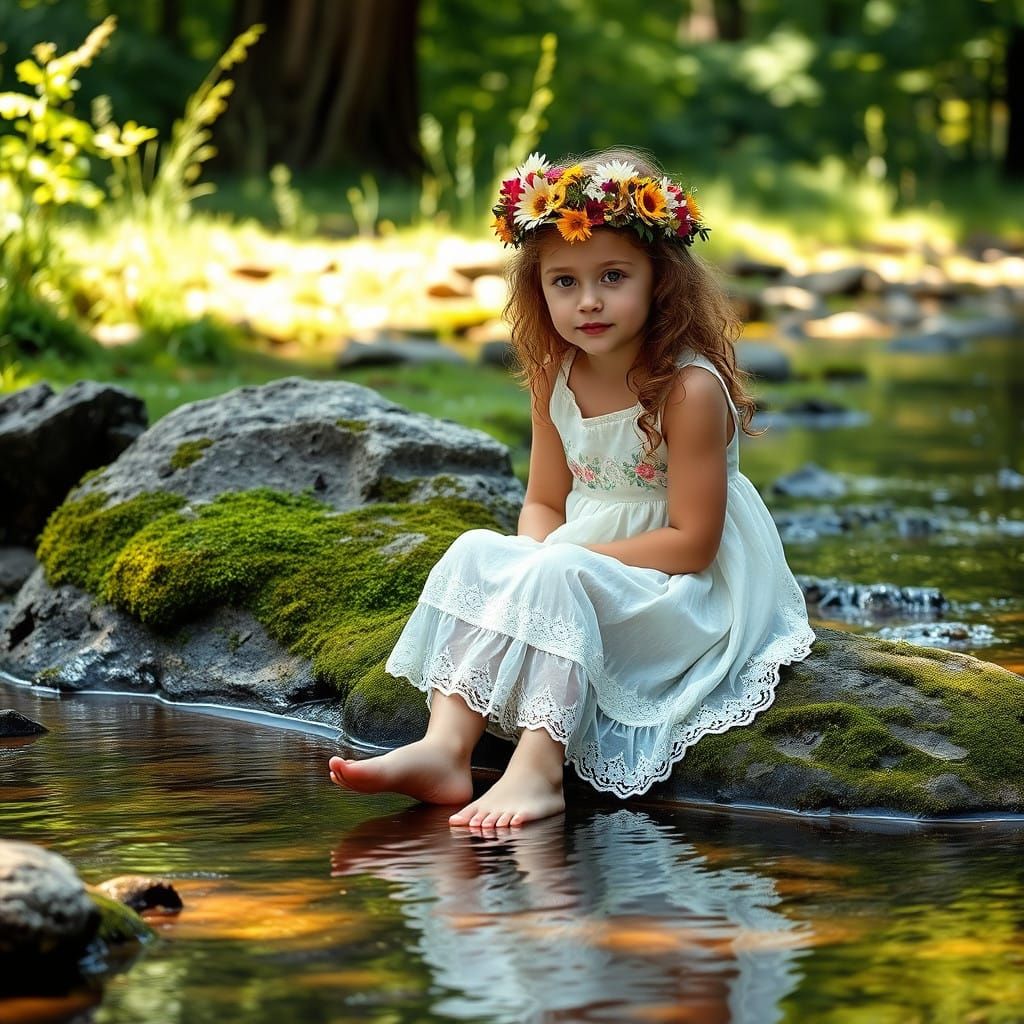 little girl with flower wreath playing by a stream  by @Pseudonym