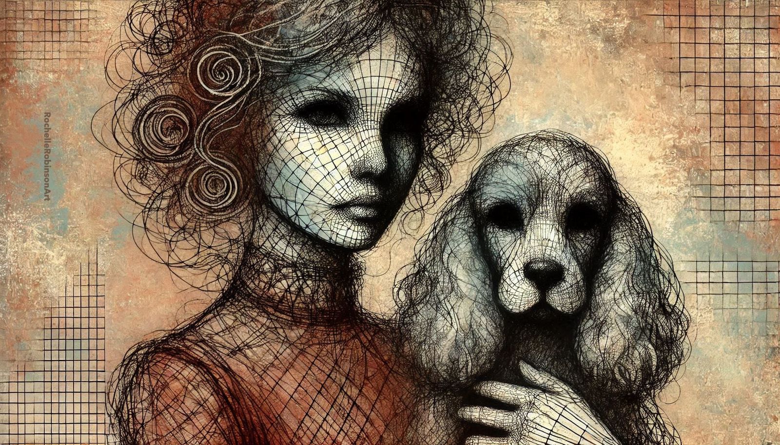 Woman And Her Dog - Wireframe Art