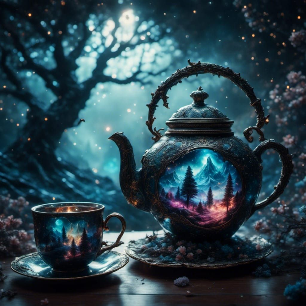 Cosmic Teapot and Cup Illustration in Mixed Media