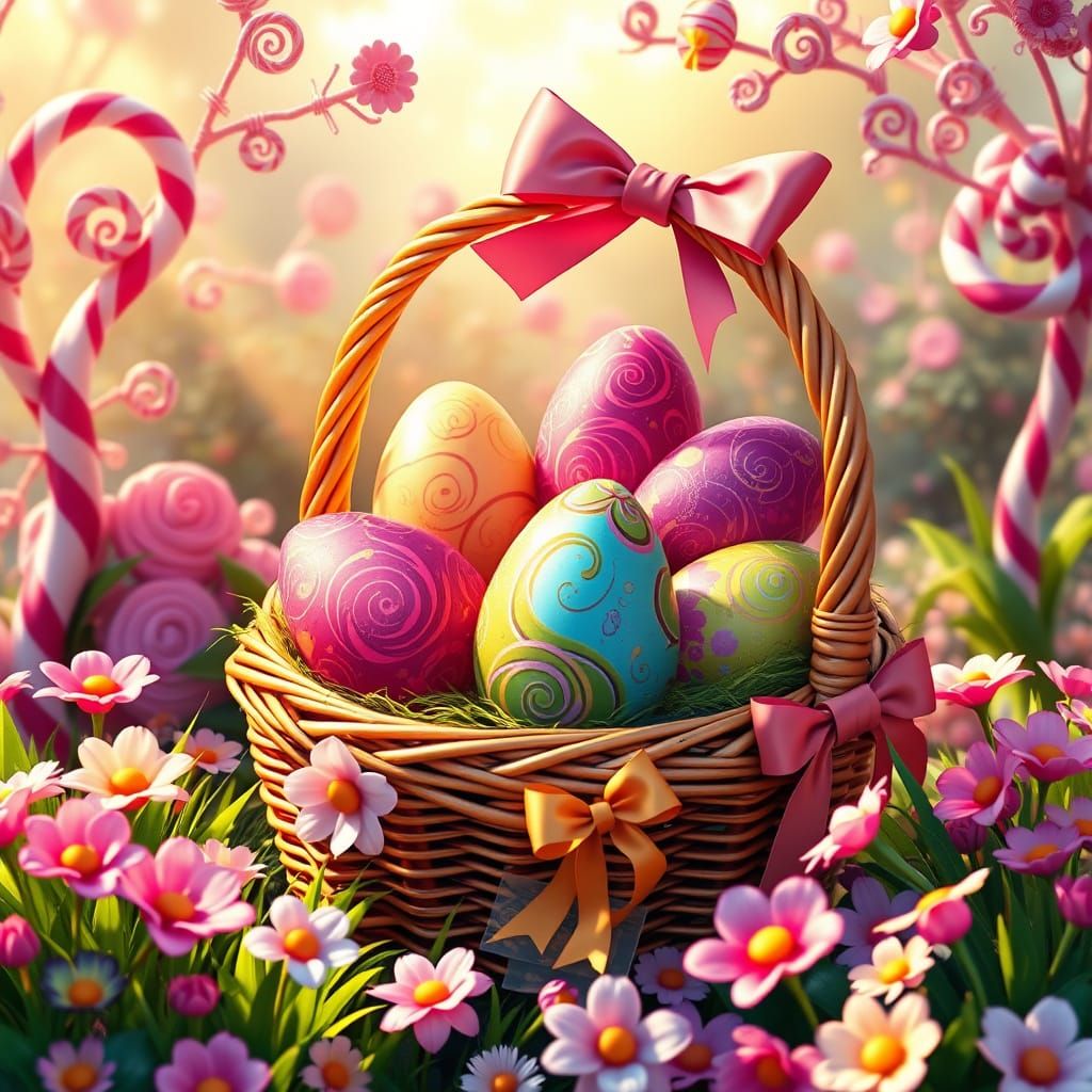 colorful easter chocolate eggs in a basket in the flower garden  by @Pukinette