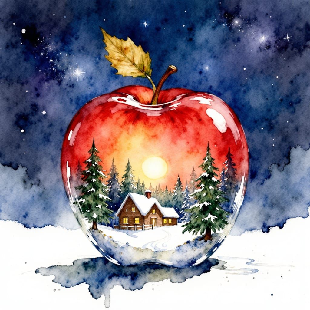 <lora:SeedreamArtcafe:1.0> This is a digital painting depicting a magical winter landscape in a transparent apple. The apple in the center h...