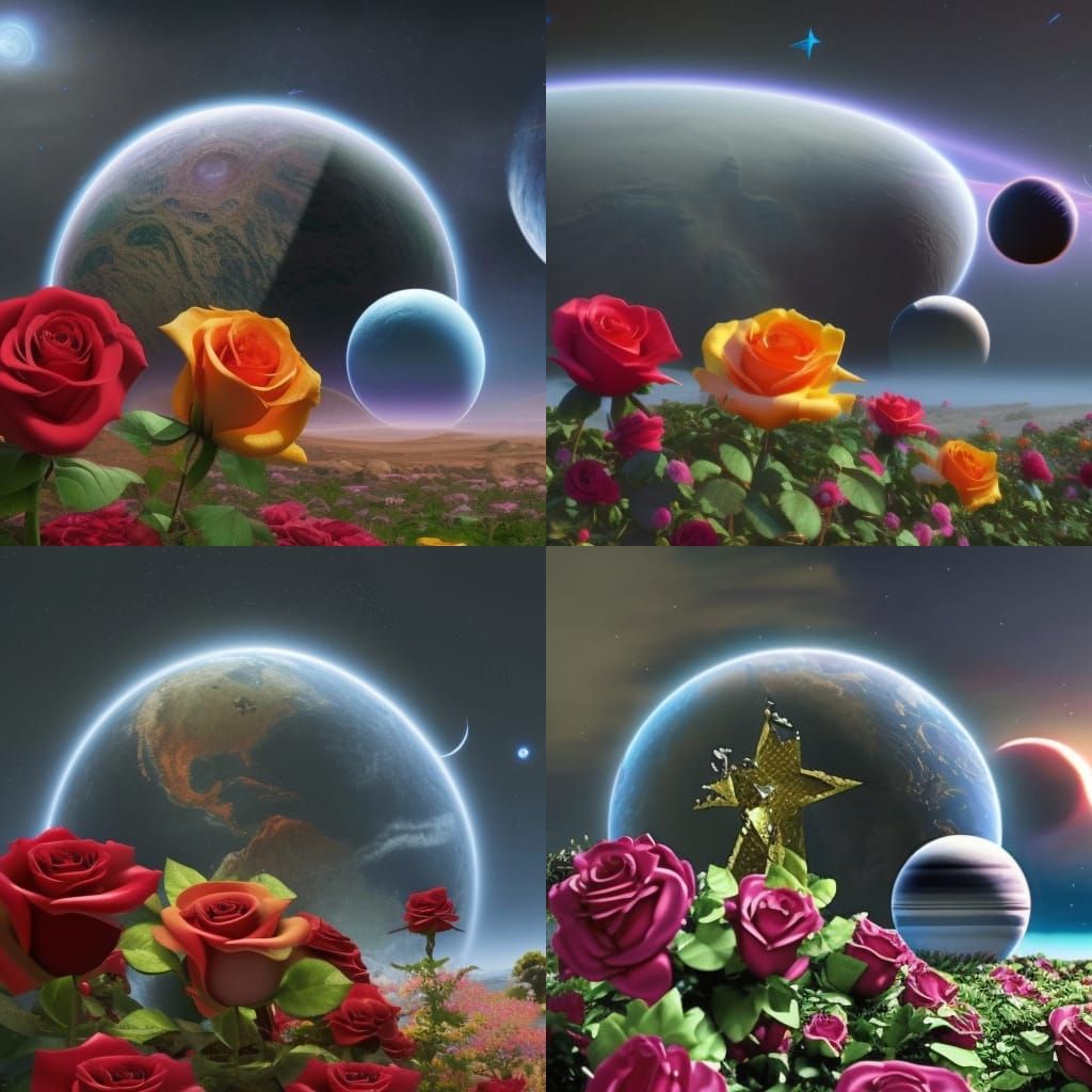 rose arrangement on planet in front of planetary and star scene - AI ...