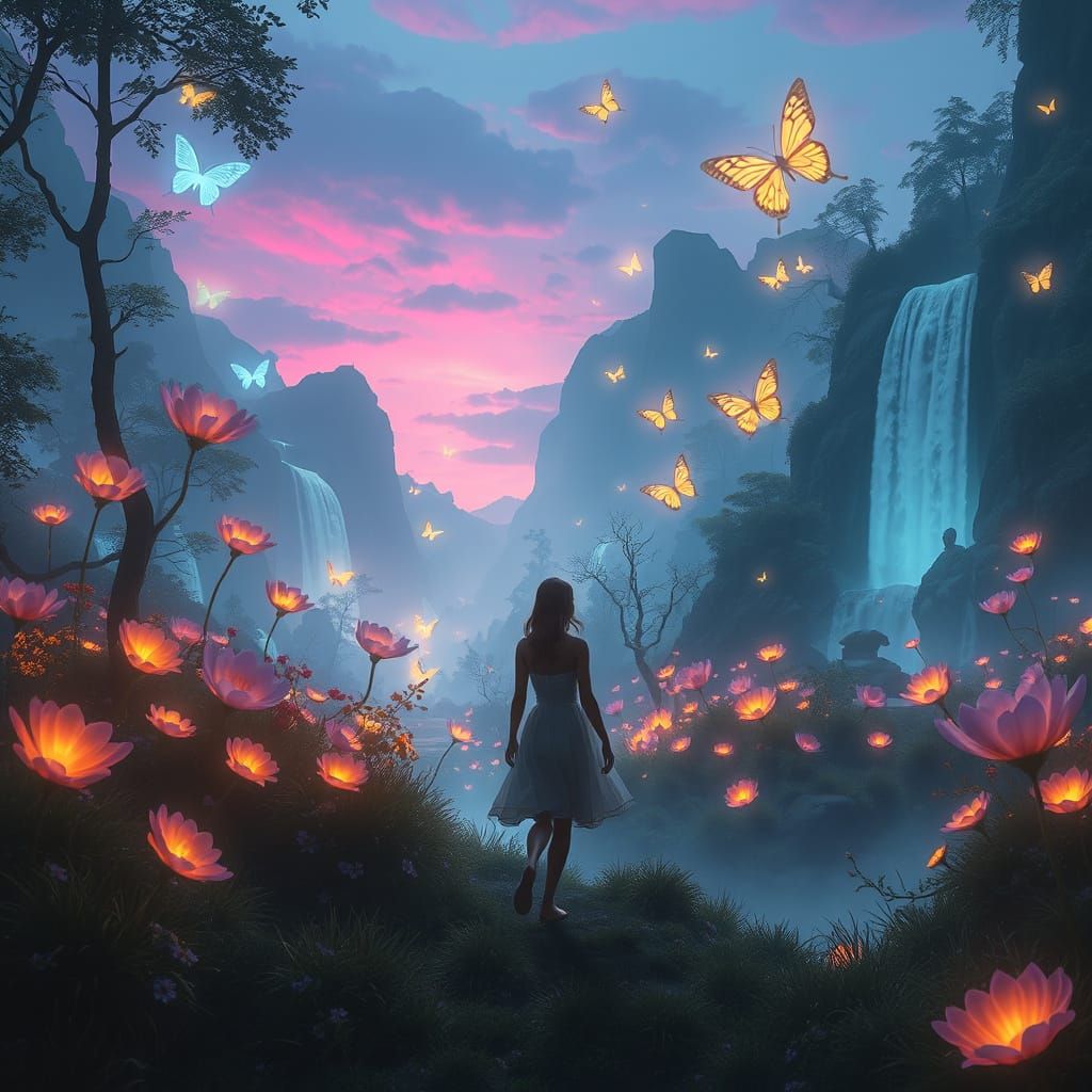 Enchanted Valley at Dusk in Vibrant Futuristic Style