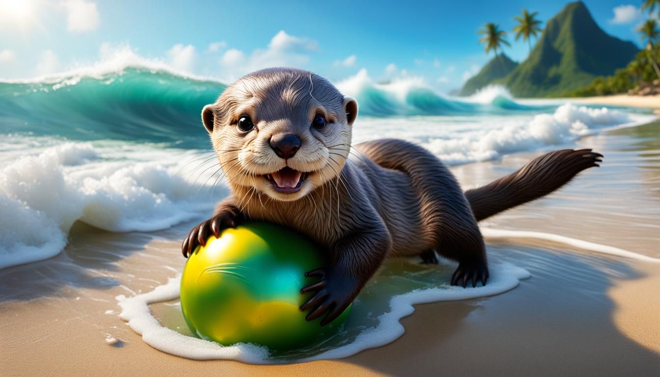 Baby otter playing ball.  by @Snofuro