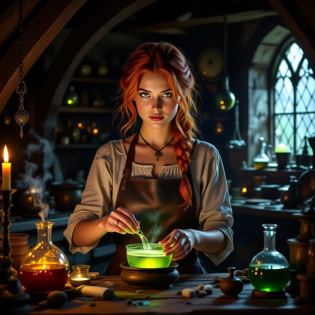A young woman with orange hair and green eyes stands in a medieval alchemist's workshop, surrounded by bubbling potions, strange artifacts, ...