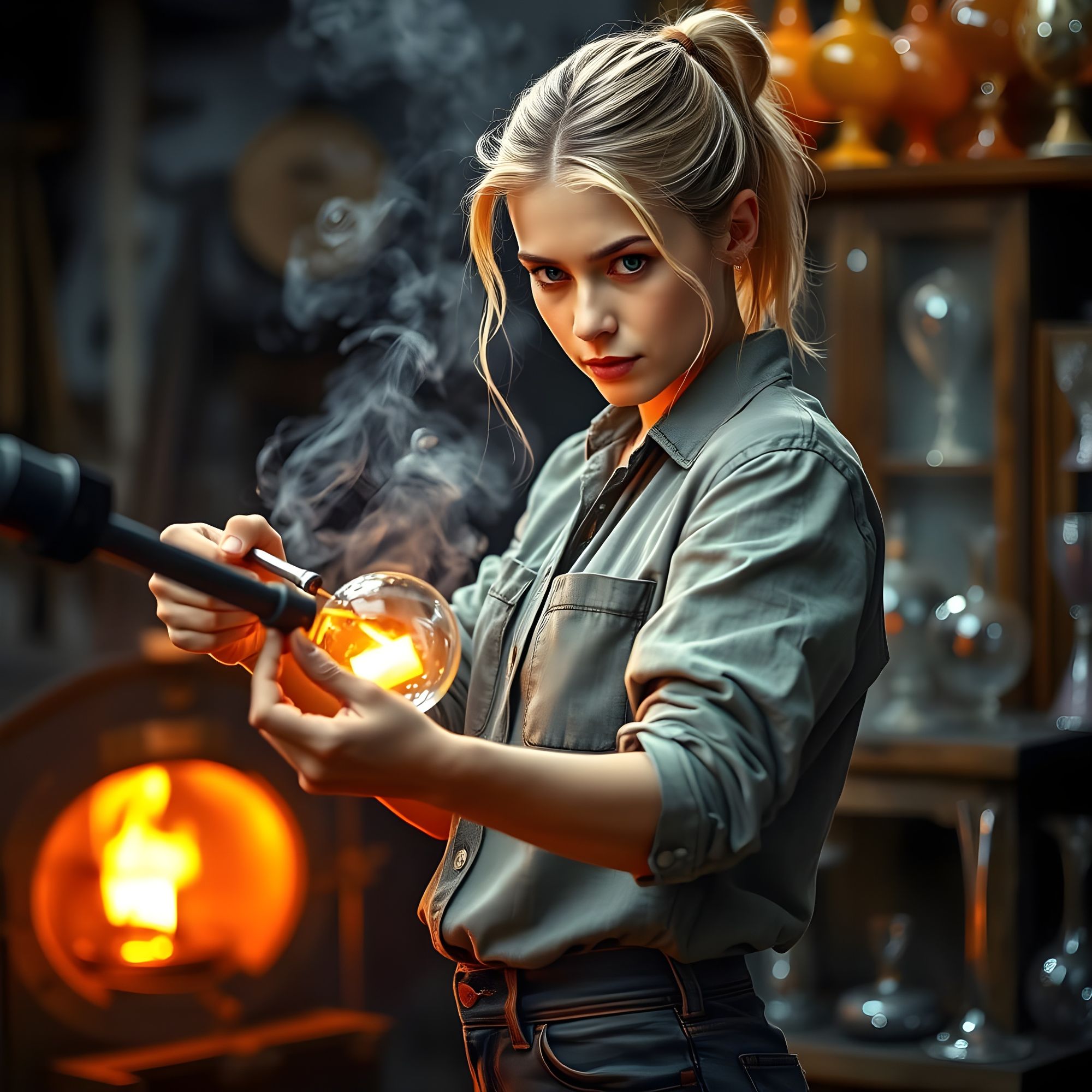 Swedish woman in Stockholm, practicing the intricate art of glassblowing, a craft with a long tradition in Sweden.