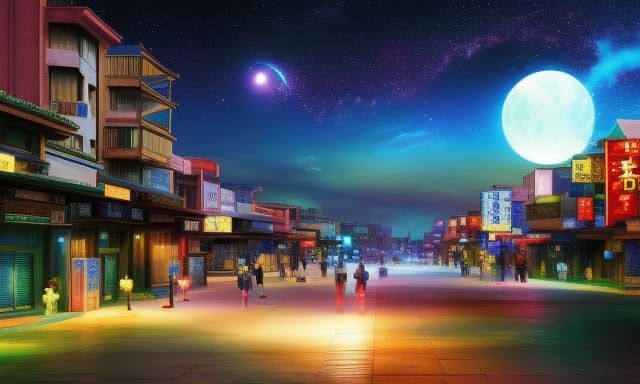 A virtual anime world with a beautiful night sky the world i...