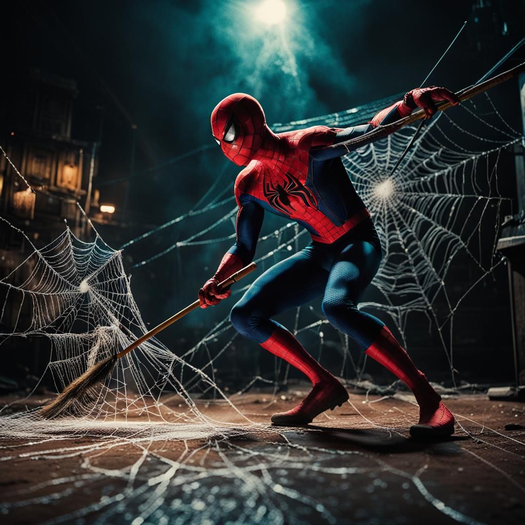 Spiderman sweeping Spider webs using a broom - AI Generated Artwork ...