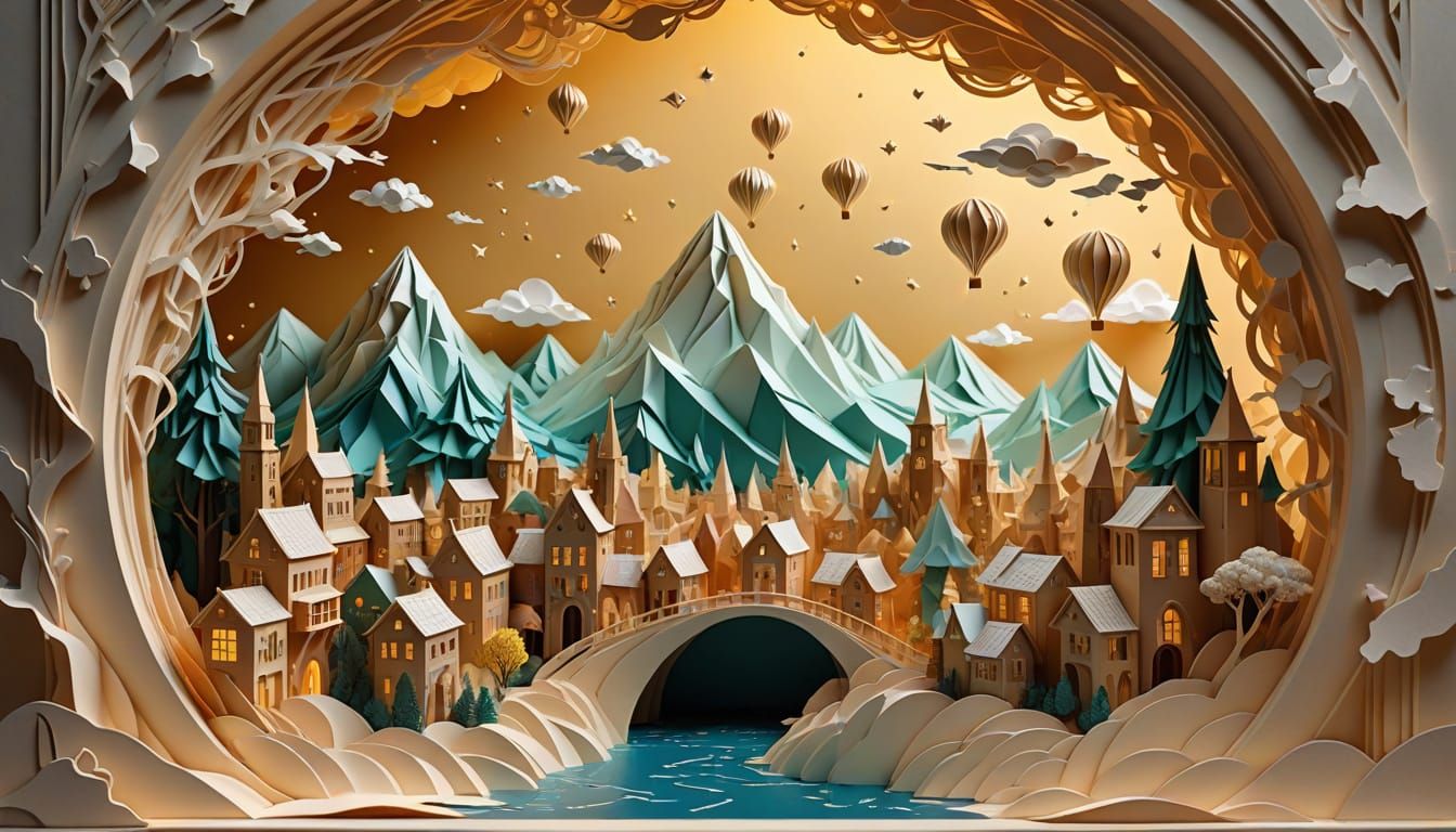intricate paper-crafted miniature worlds unfolding from a single folded sheet, layered dioramas of floating ...  by @Poemata66