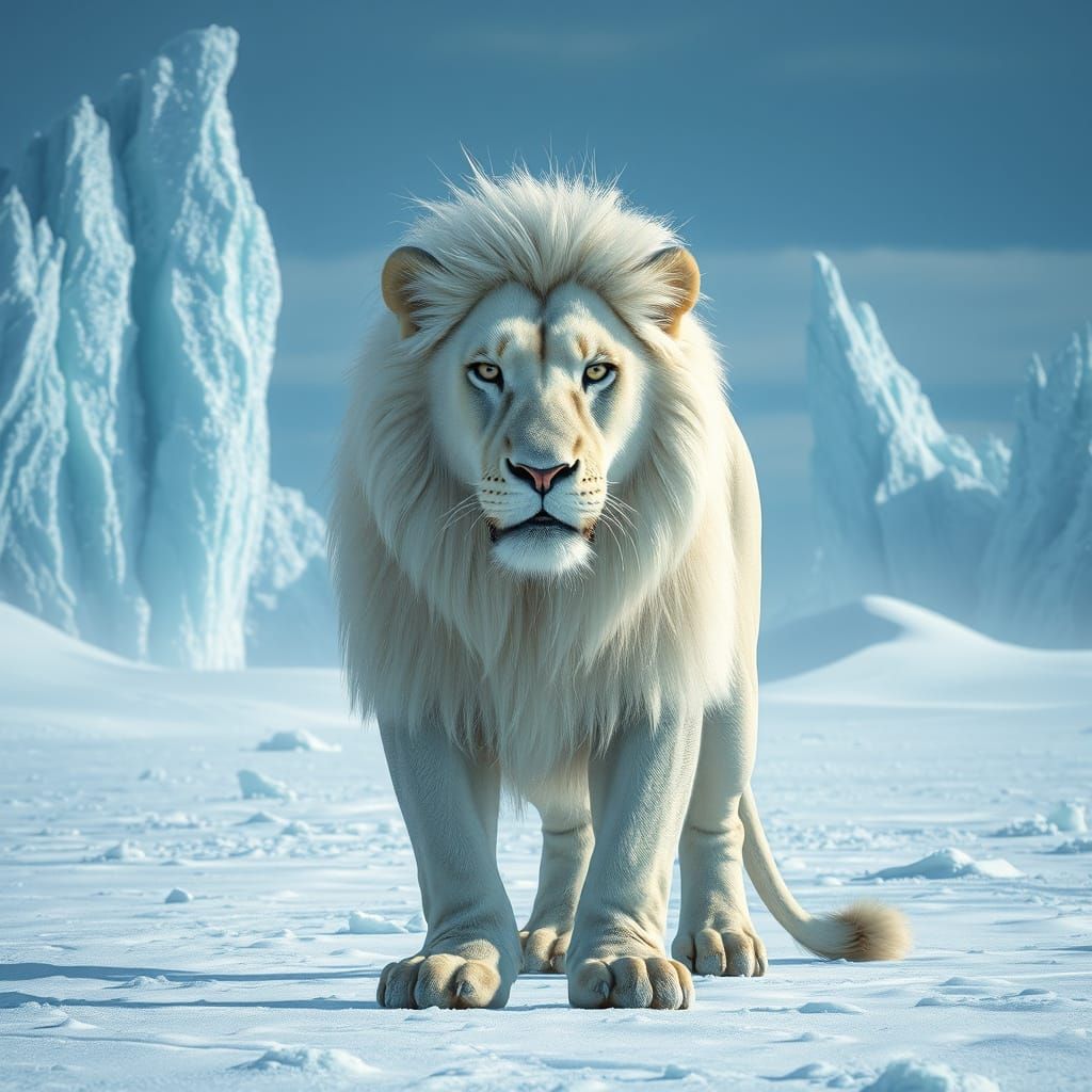 Majestic White Lion in Ice Desert, Hyperrealistic Style