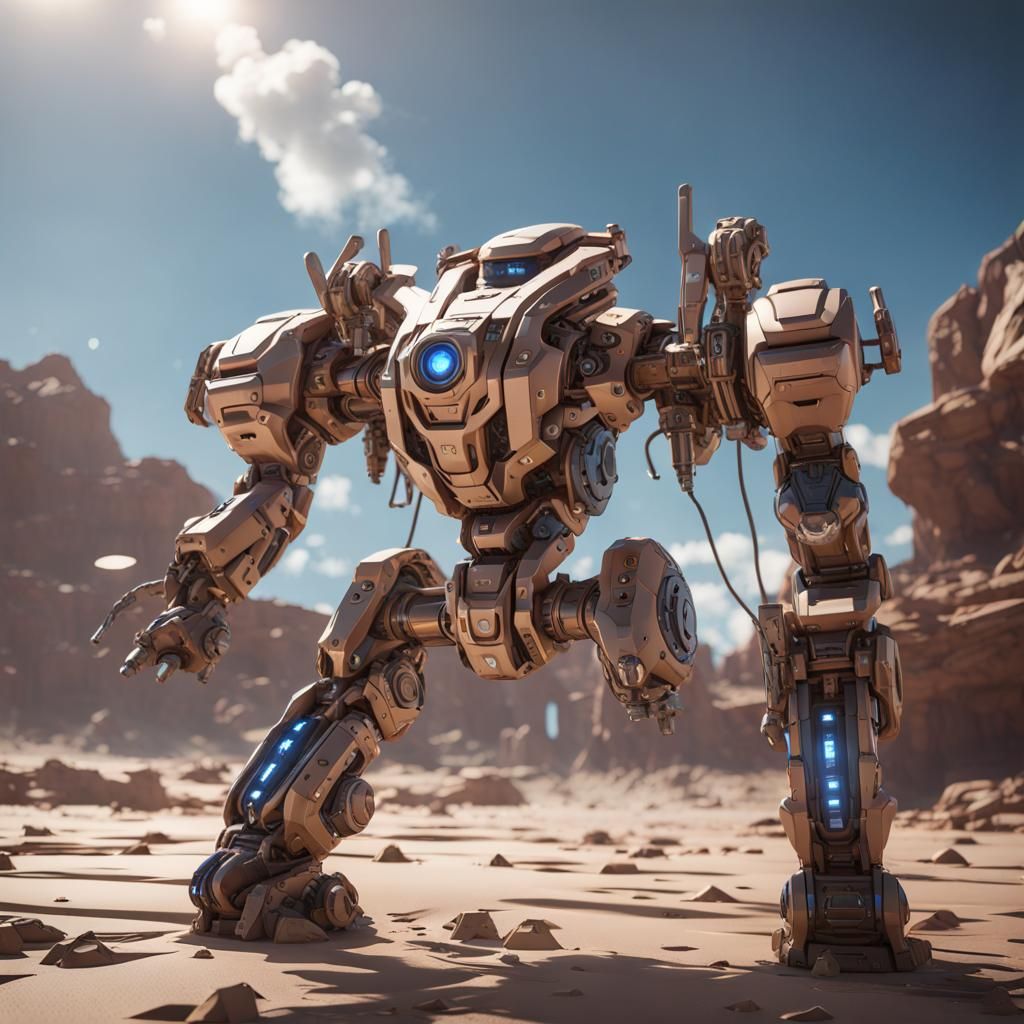 light brown atlas mech, blue sky, dust lightning,intricate mech details ...