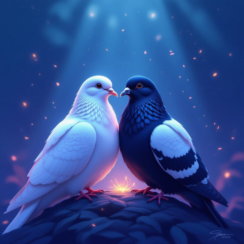 White and Black Doves in Ethereal Light