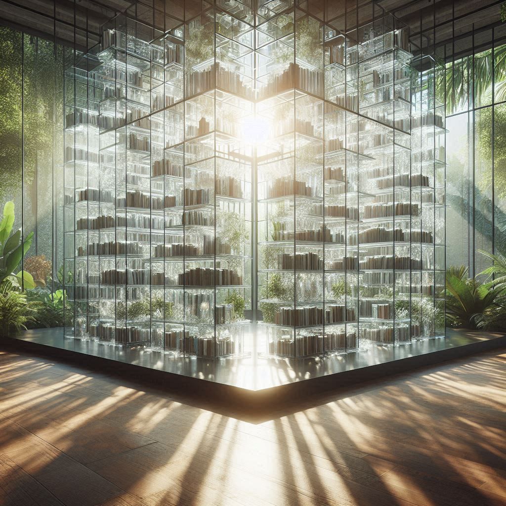 Glass books in a glass library