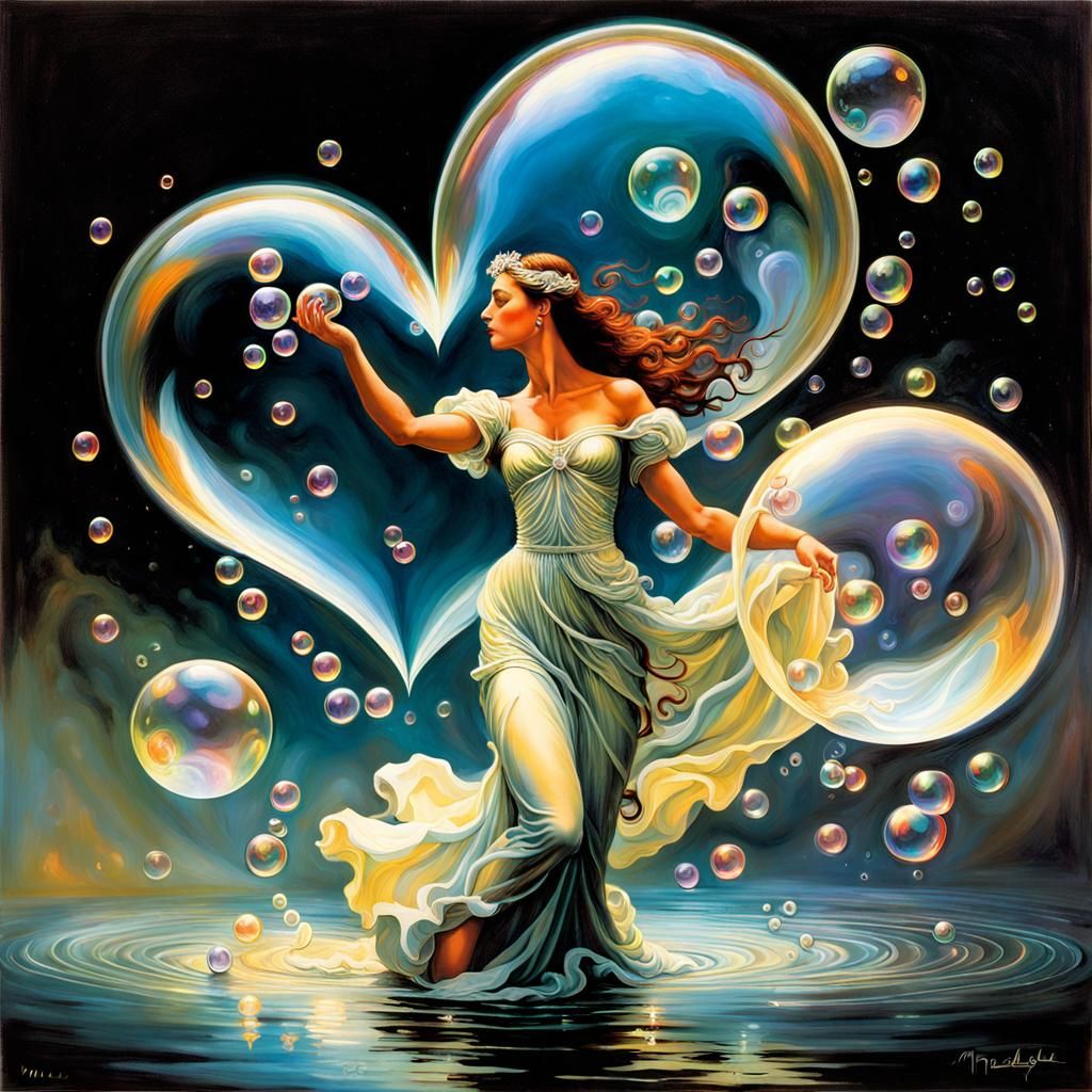 Ethereal Figure Playing with Heart Bubbles