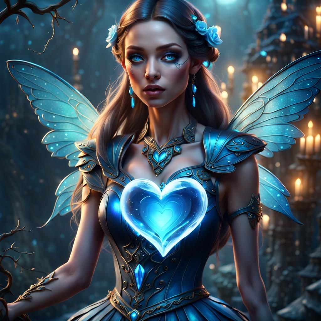 beautiful fairy making a magic glowing blue Heart