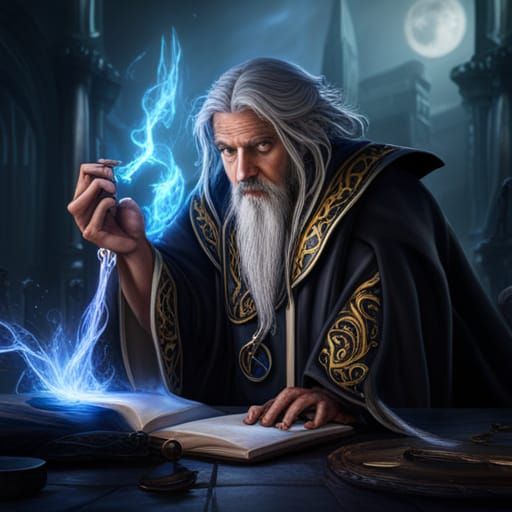 A dark wizard, staff, robes, runes, casting a spell from a black book ...