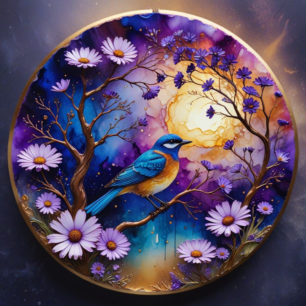  alcohol ink art blue tint, Circular design of clouds, purple African Daisys flowers, and a tree with a blue bird. Surrounded by a gold fram...