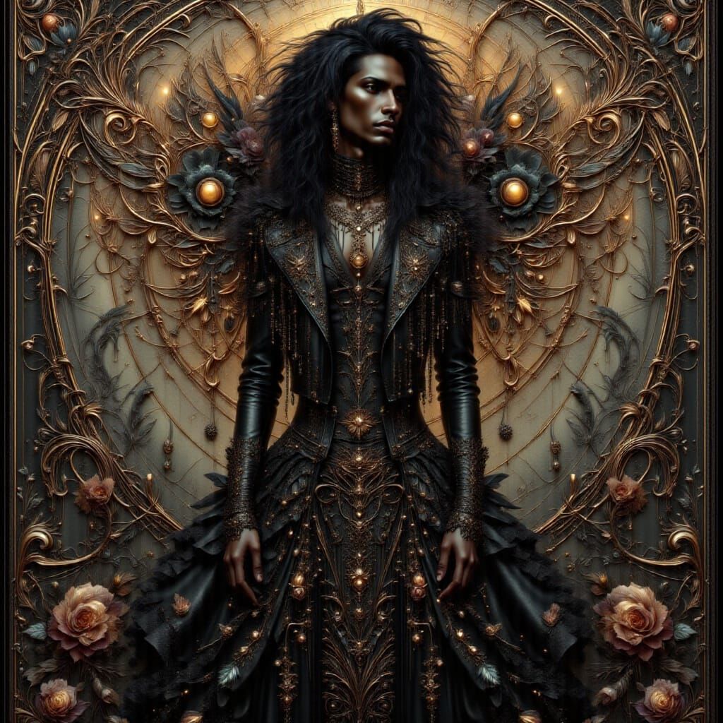 <lora:Art Nouveau Punk V2:1.0> <lora:Outfit Intensity:1.0> Intricate painting of a black man in a leather decorated goth dress, renaissance ...